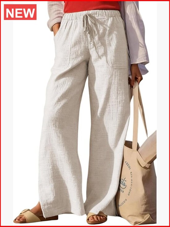 Pants - High Waisted Wide Leg Pants Cotton Linen Drawstring Lounge Pants Loose Fit